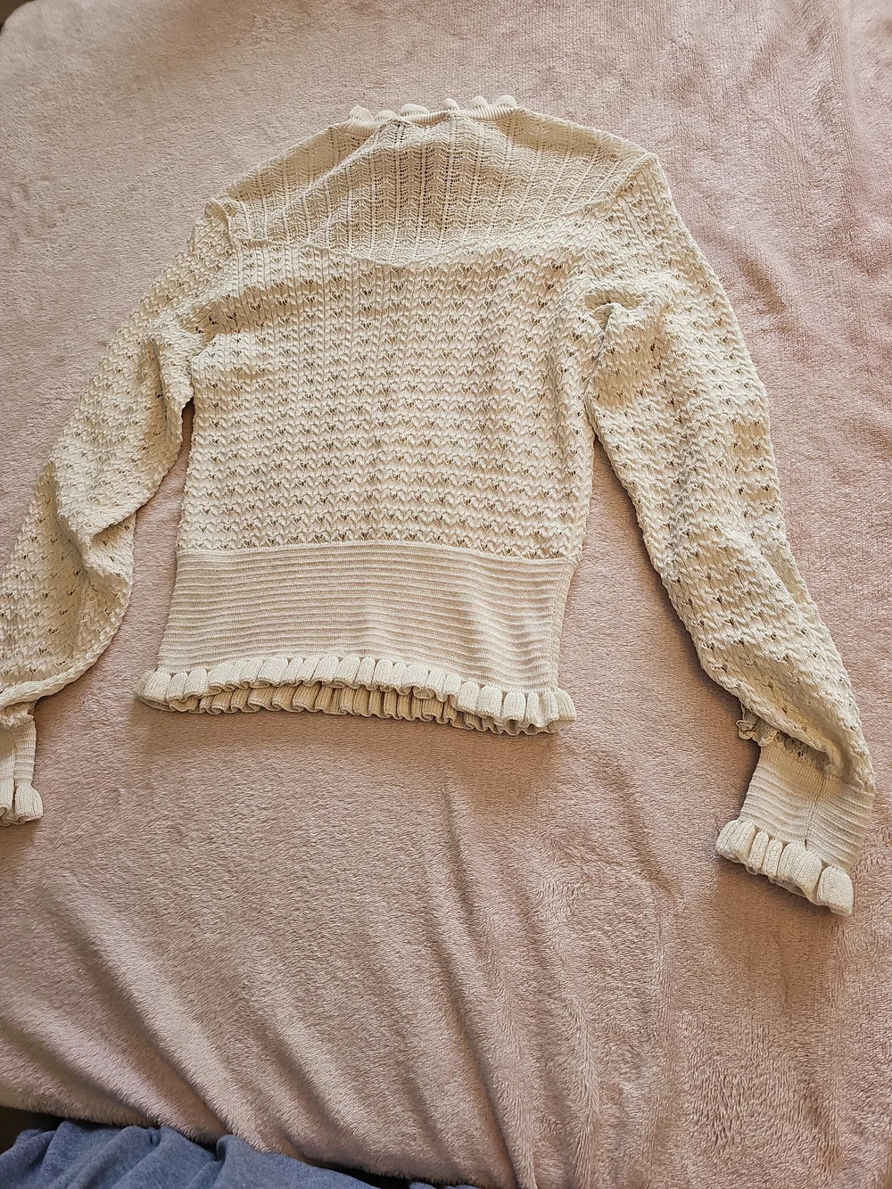 Zara Cream Knit Ruffle Sweater with Black Bow